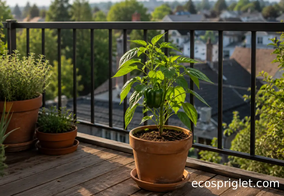 A potted bell pepper plant stands in full sun beside a matte black balcony railing on a wooden terrace.