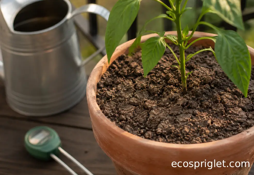 A watering can and moisture meter sit beside a potted bell pepper plant with slightly dry topsoil on a wooden terrace.