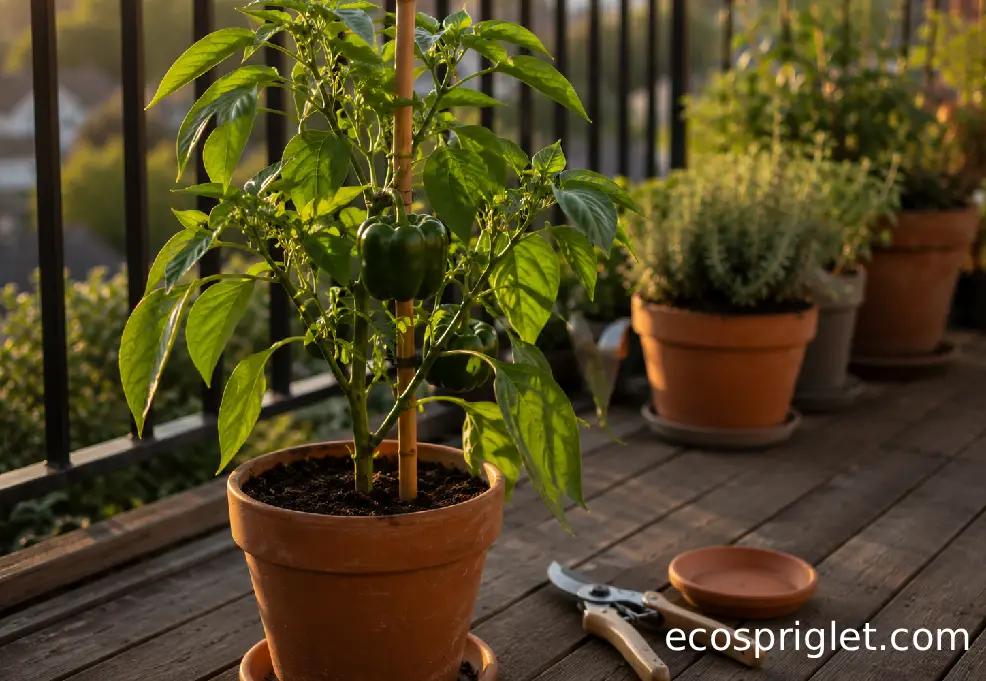 Small green bell peppers form on a compact container plant supported by a bamboo stake on a sunny terrace.
