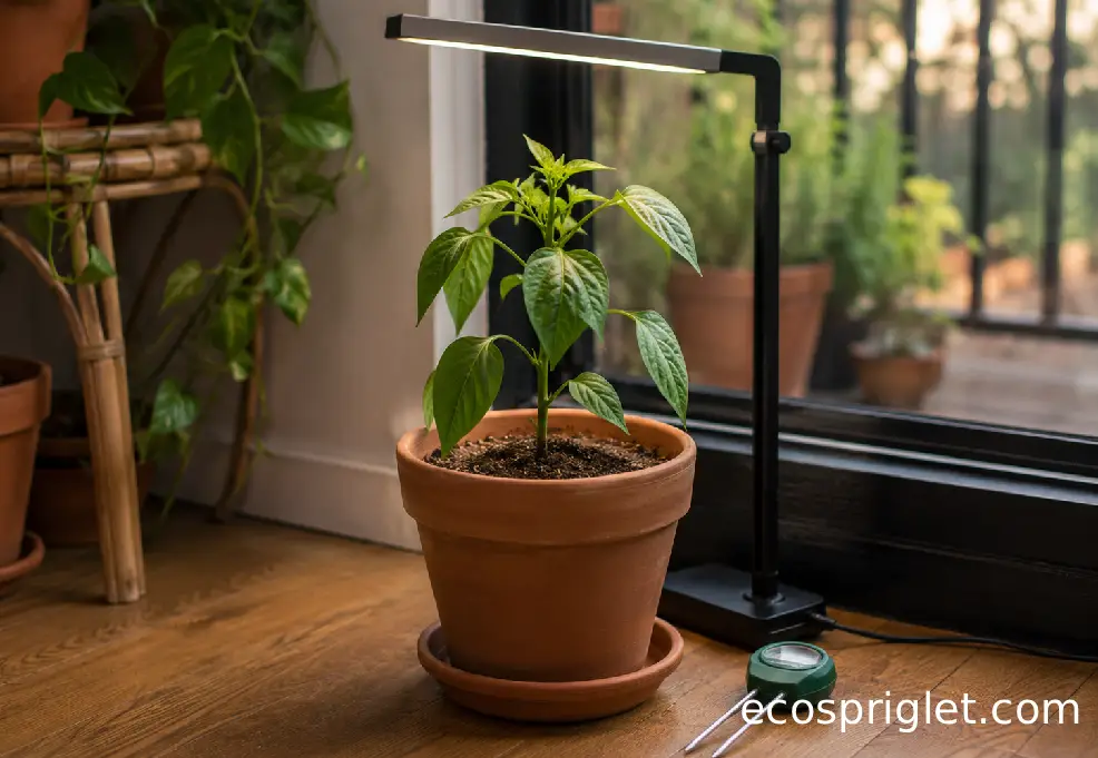 A compact potted pepper plant grows under a slim grow light near a bright apartment window with a saucer underneath.