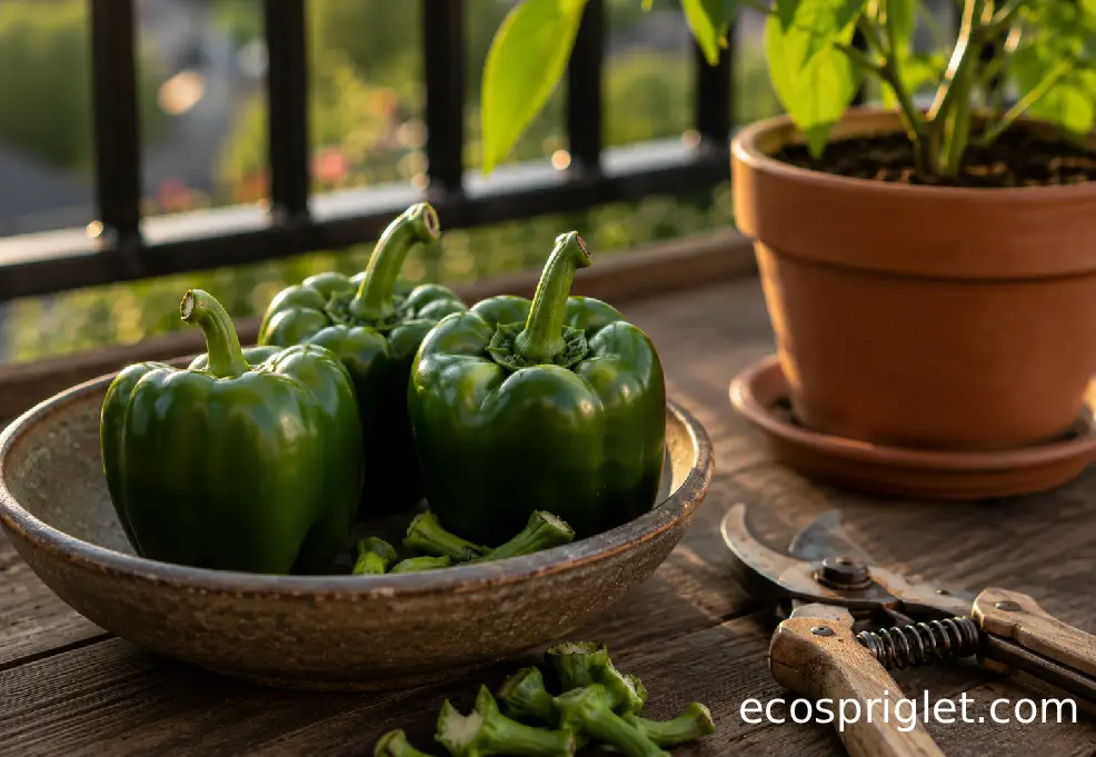 Freshly clipped bell peppers rest in a shallow bowl beside pruning shears on a wooden balcony table.