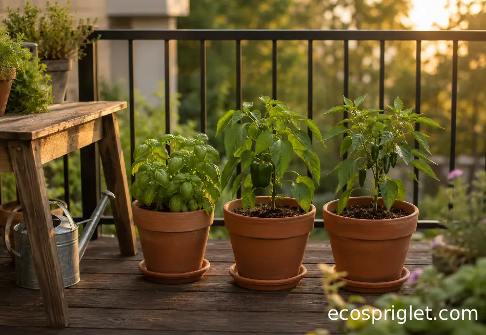 A tidy balcony garden has one bell pepper pot, one jalapeno pot, and basil in terracotta containers.