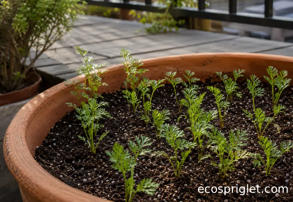 Young carrot seedlings growing in a terracotta container on a small Portland terrace.
