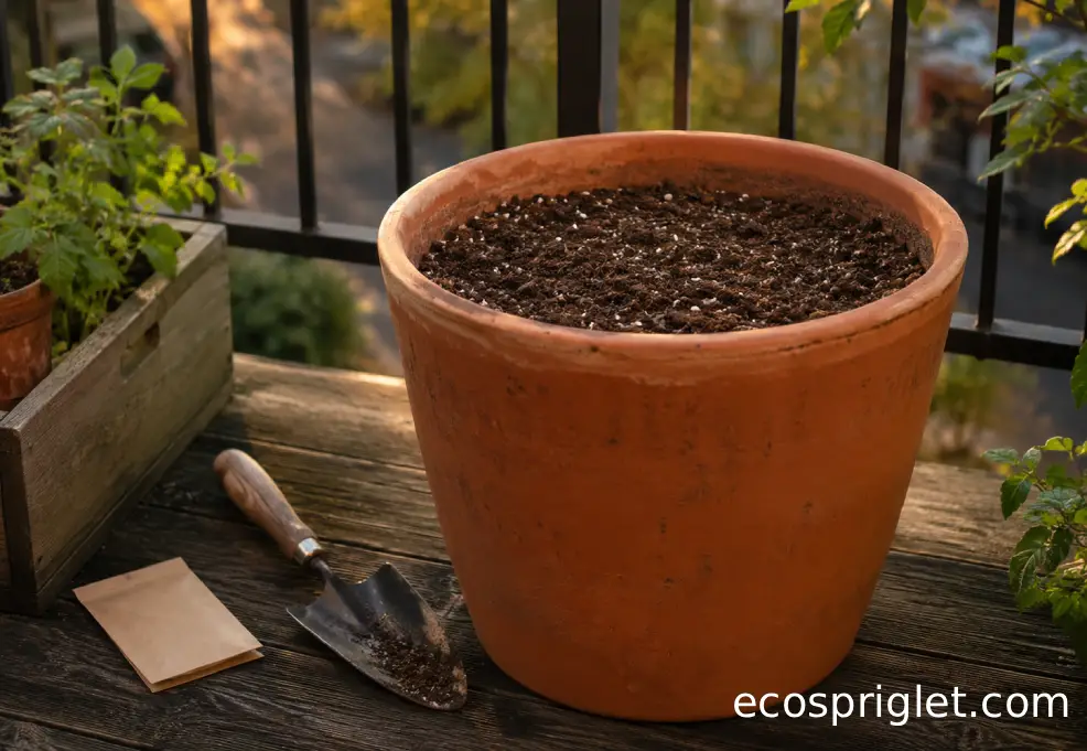 A deep terracotta carrot pot with a hand trowel and seed packet on wooden decking.