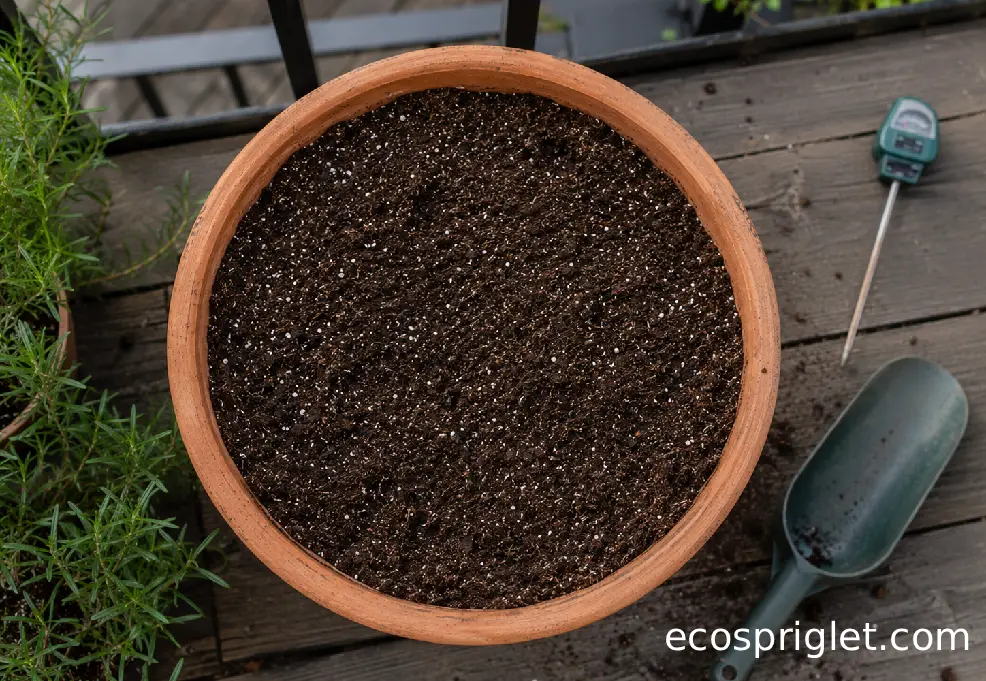 Loose potting mix being prepared in a terracotta container for balcony carrots.