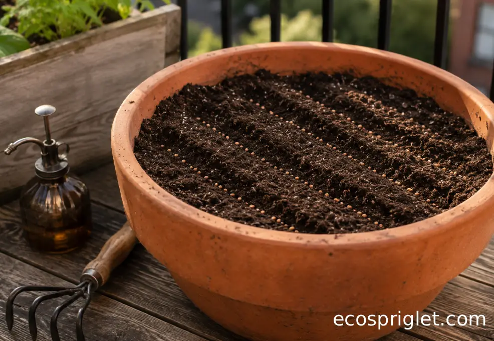 Carrot seeds sown in shallow furrows across fine potting mix in a balcony planter.