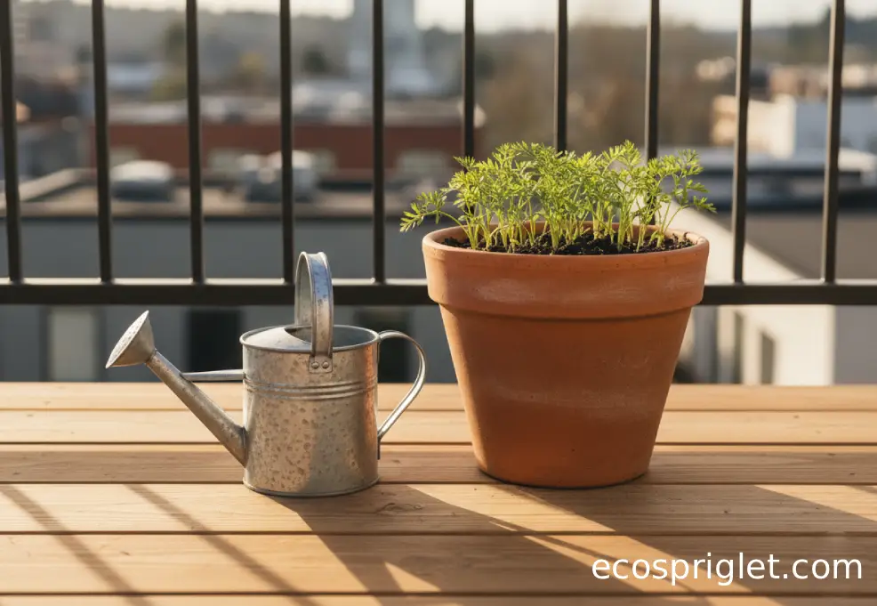 A small watering can beside carrot seedlings in a terracotta balcony planter.