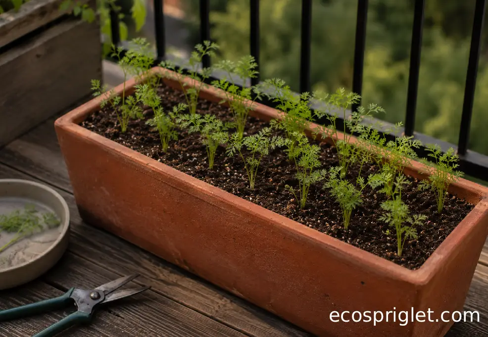 Thinned carrot seedlings spaced evenly in a rectangular terracotta balcony planter.
