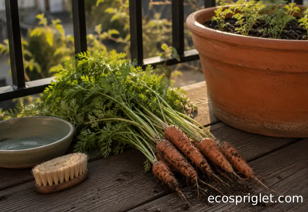 Freshly harvested small carrots resting on wooden decking beside a terracotta pot.