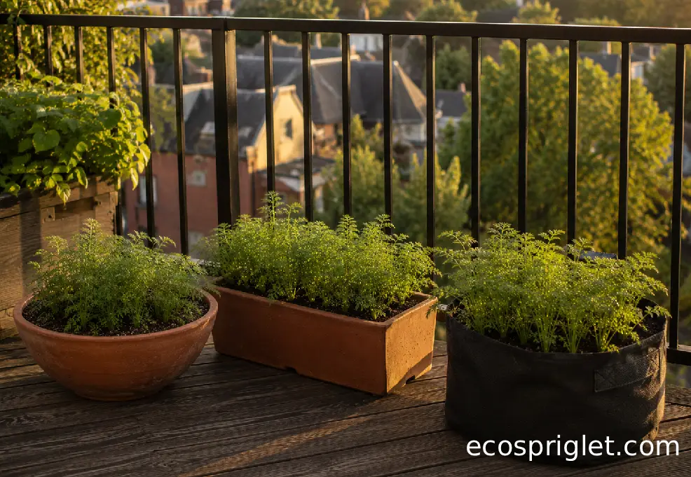 Three compact carrot planters arranged neatly on a small Portland balcony.