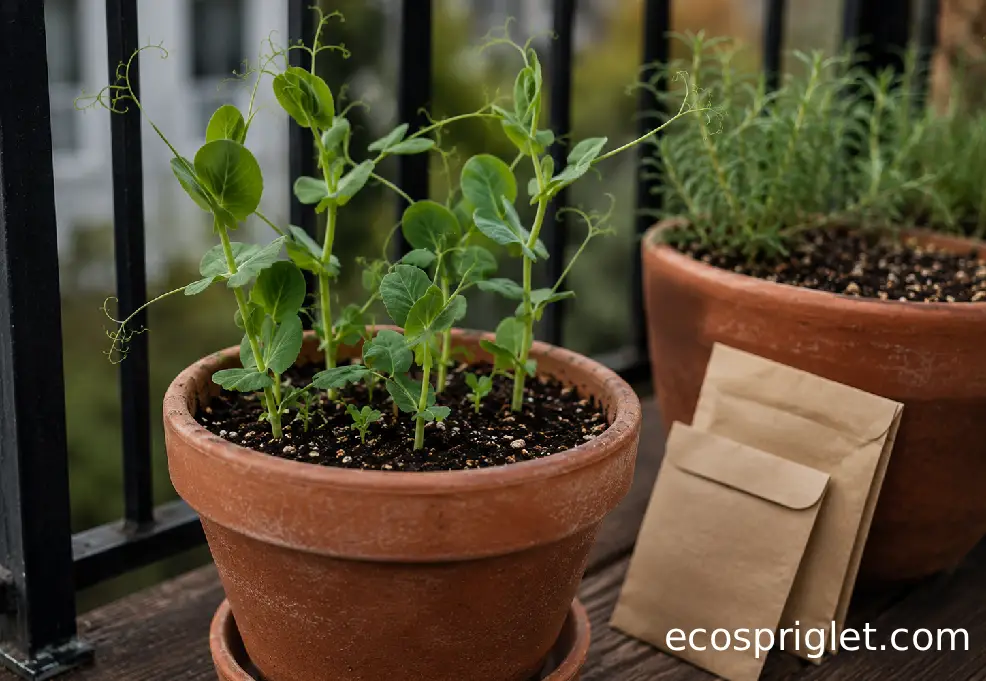 Young pea seedlings grow in terracotta containers on a small Portland balcony.