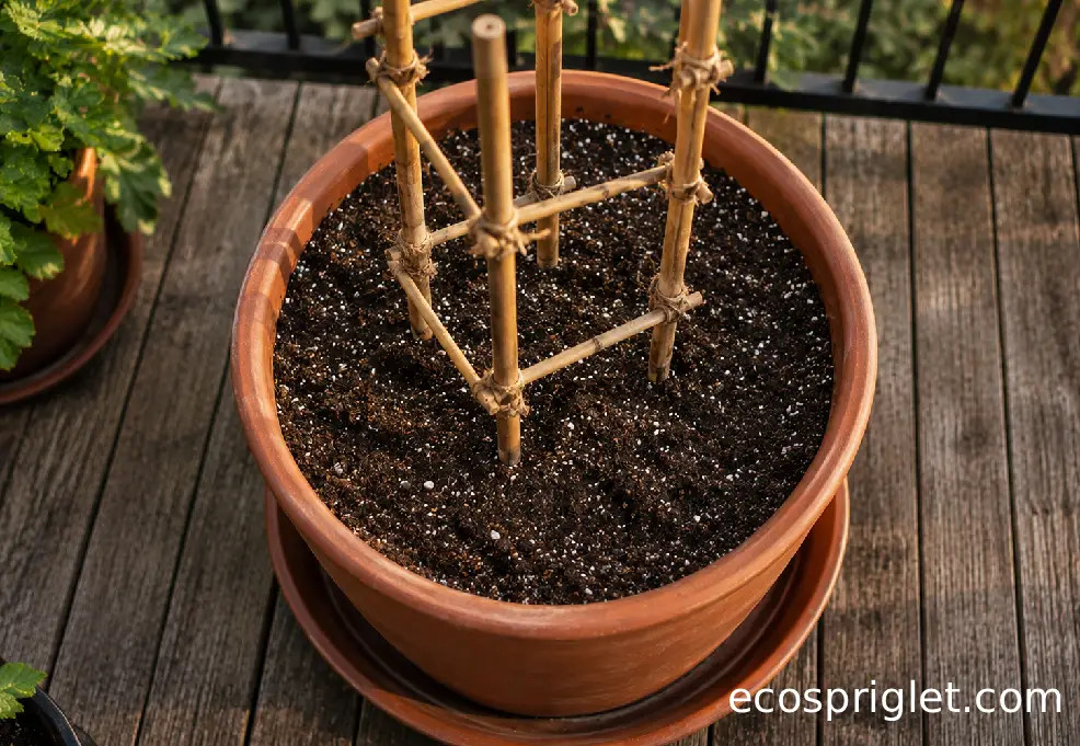 A deep terracotta pea container with potting mix and a bamboo trellis sits on wooden balcony decking.