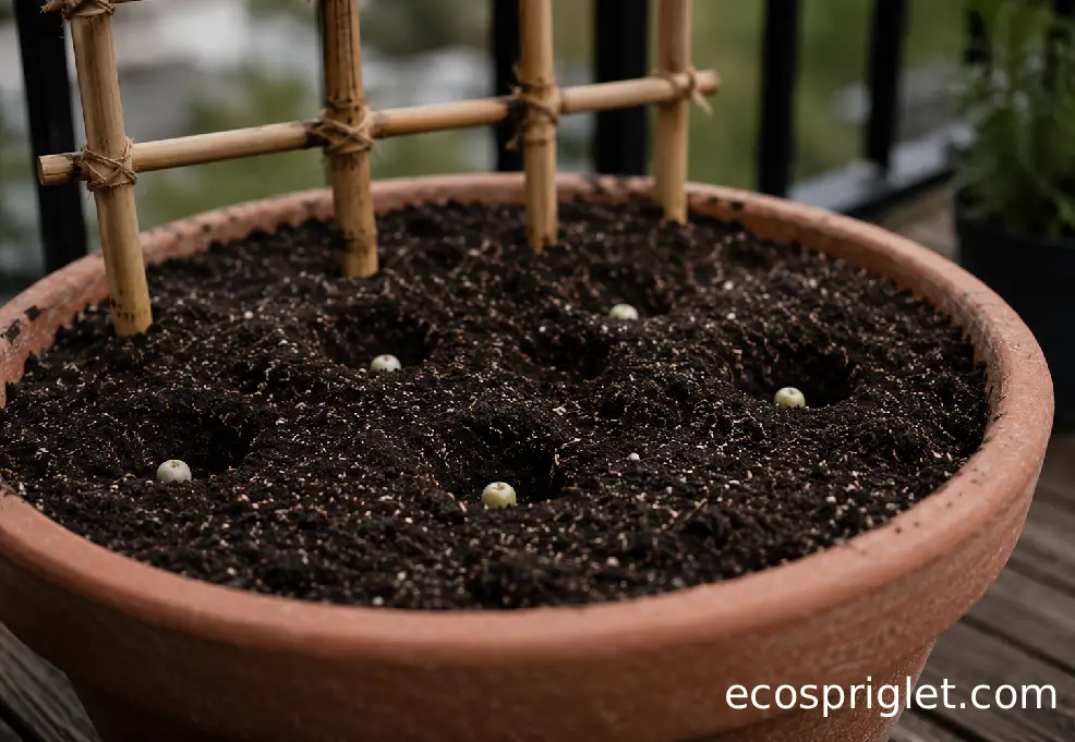 Pea seeds are spaced in moist potting mix beside a bamboo trellis in a balcony container.
