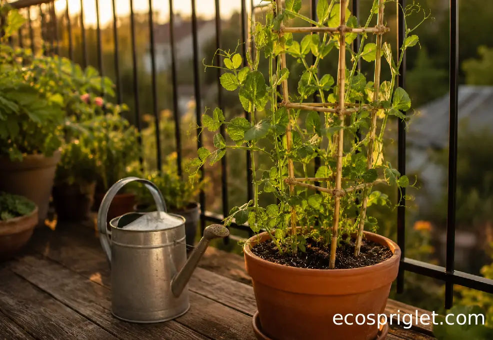 A small watering can sits beside pea vines climbing a trellis in a terracotta balcony pot.