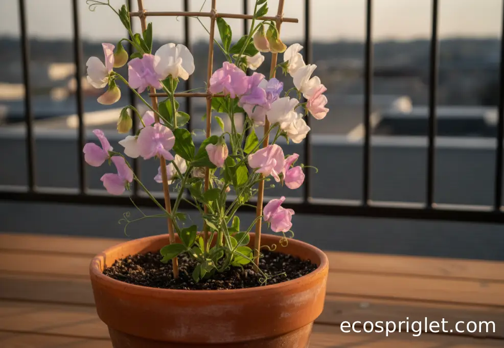 Flowering sweet pea vines climb a small trellis in a terracotta pot on a balcony.