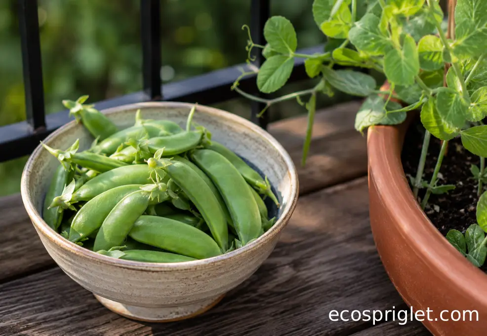 Fresh sugar snap peas sit in a small bowl beside pea vines growing in a balcony container.