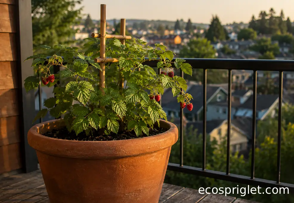 A compact raspberry plant grows in a large terracotta pot on a small Portland terrace.
