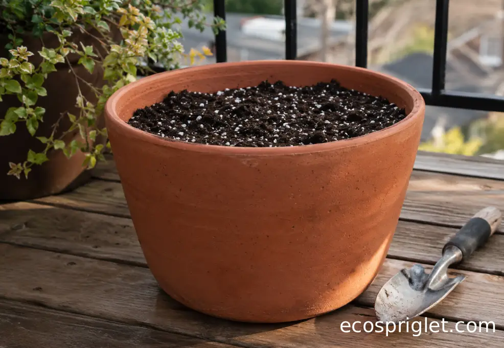 A deep terracotta pot with drainage holes is filled with raspberry potting mix on a small terrace.