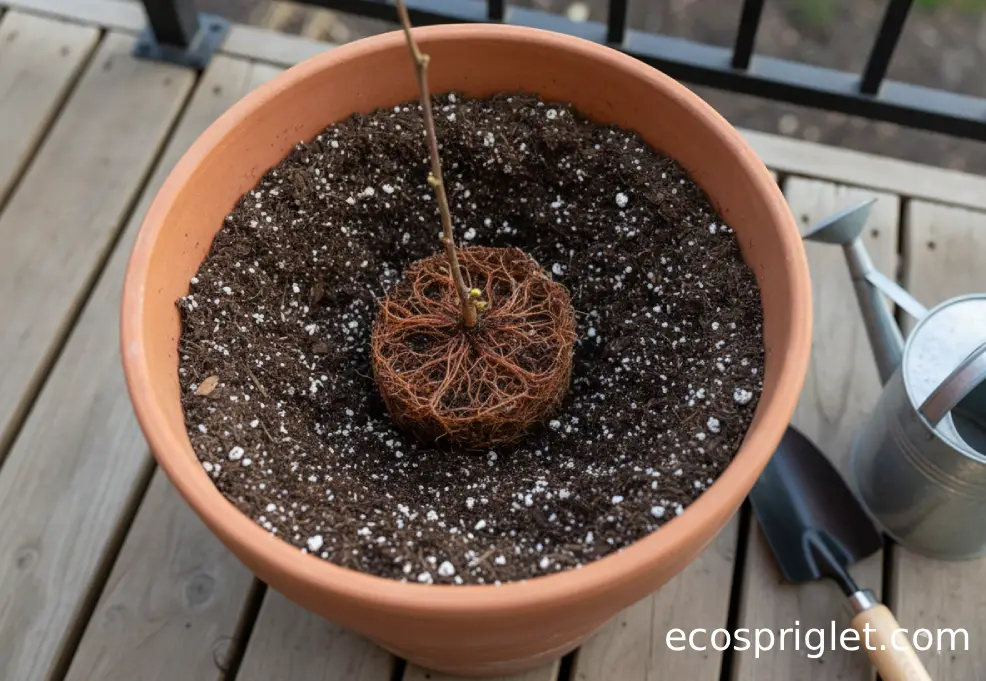 A raspberry cane is set at the correct soil level in a deep terracotta container.