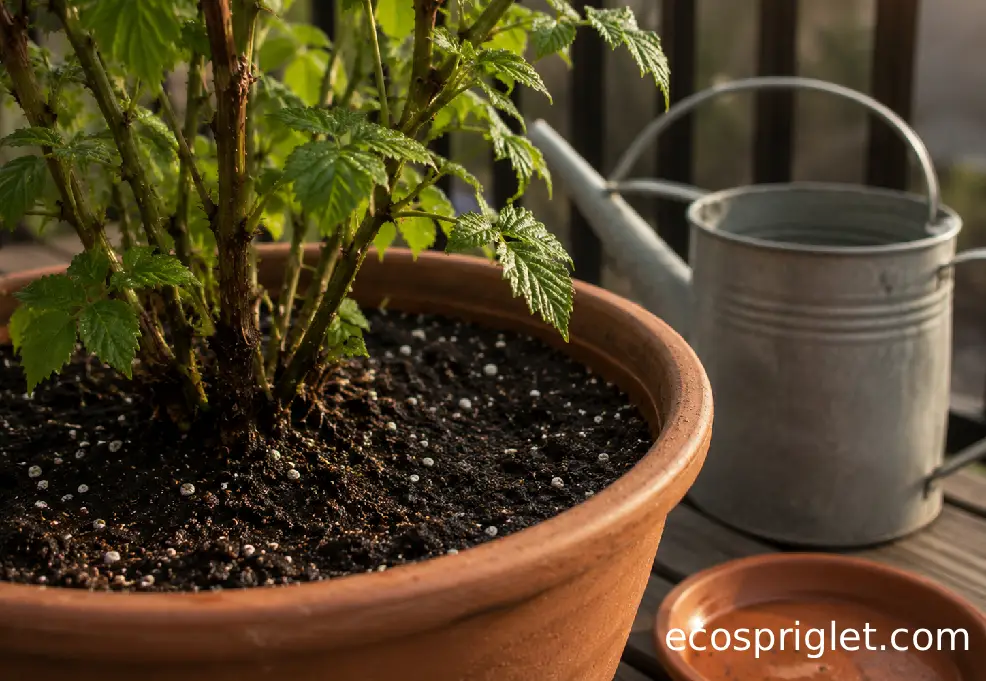 Moist soil surrounds a raspberry cane in a terracotta pot with a watering can nearby.