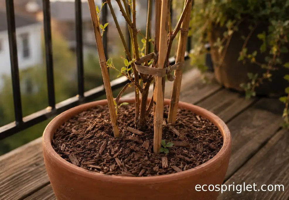 A raspberry cane in a terracotta pot is tied to bamboo stakes above a mulch layer.