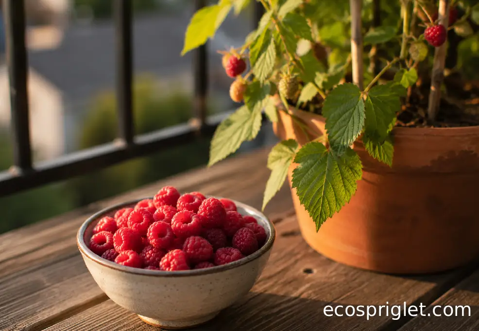 Fresh raspberries sit in a small ceramic bowl beside a potted raspberry plant on a terrace.
