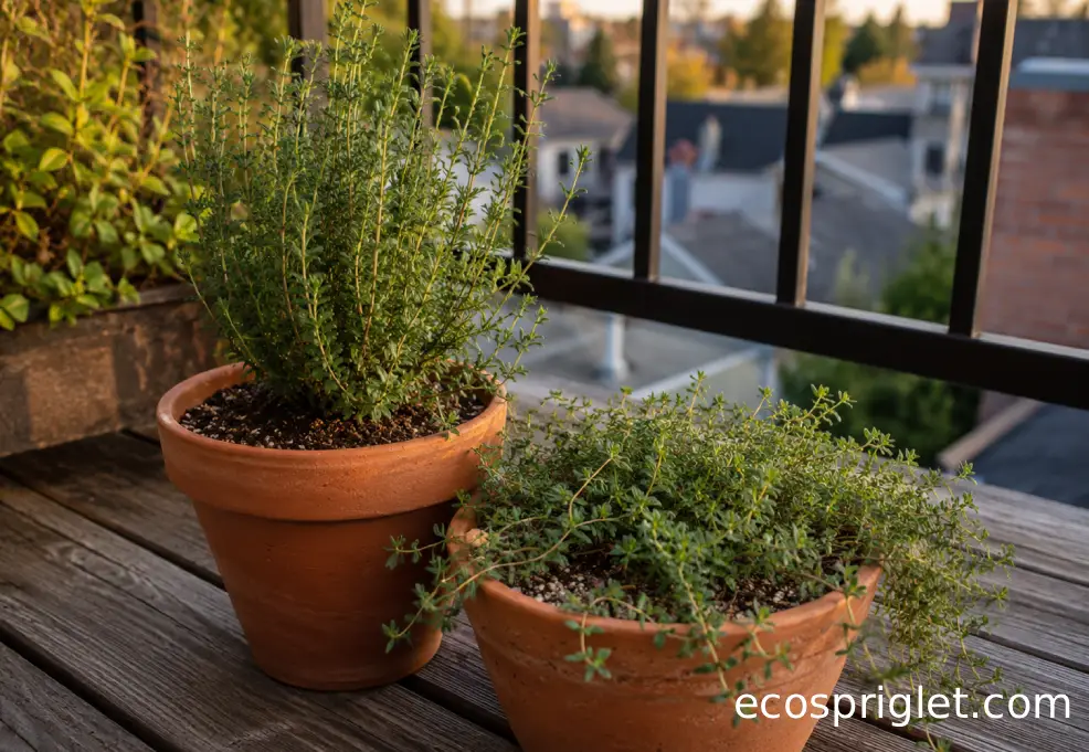 Small terracotta pots of upright thyme and creeping thyme on a wooden apartment terrace.