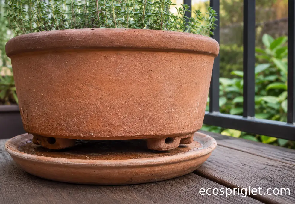 A terracotta thyme pot with drainage holes raised on pot feet above a saucer.