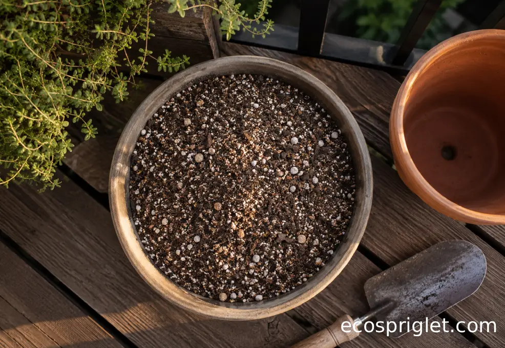 A bowl of gritty thyme potting mix with perlite, bark, and coarse sand beside a terracotta pot.