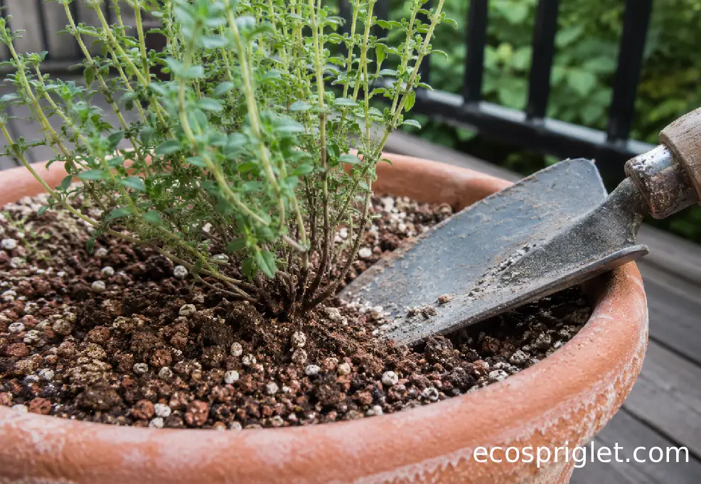 A young thyme plant set at soil level in a terracotta pot with gritty mix around the crown.