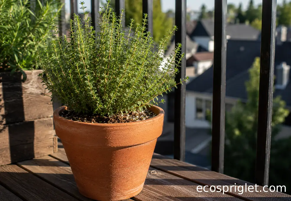 A potted thyme plant in bright balcony sun with a matte black railing casting light shadows.