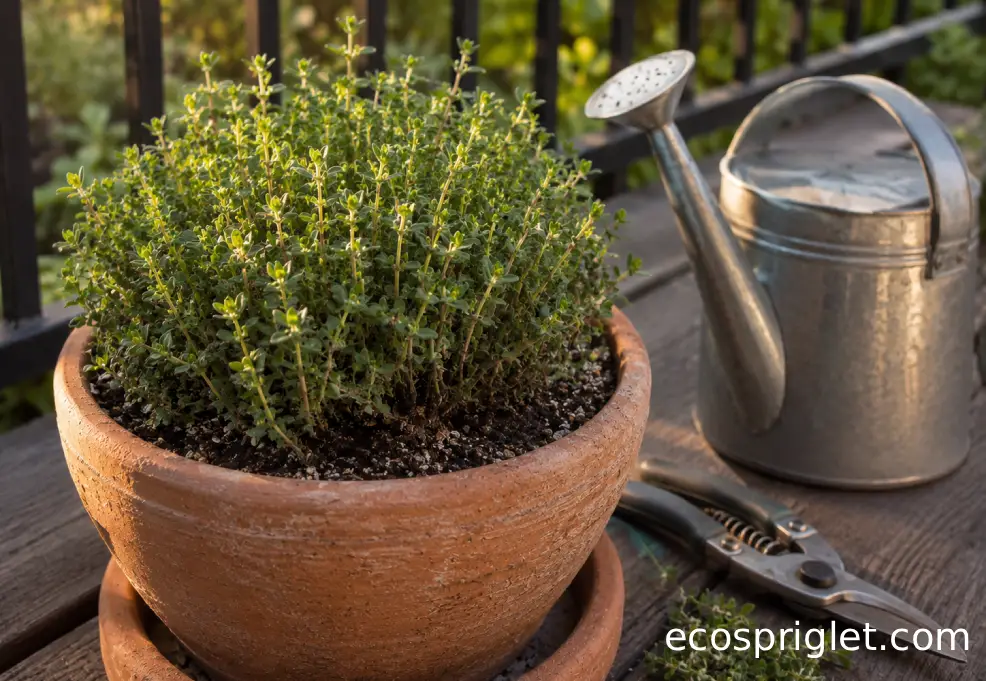 A small watering can beside a compact potted thyme plant with freshly trimmed stems.