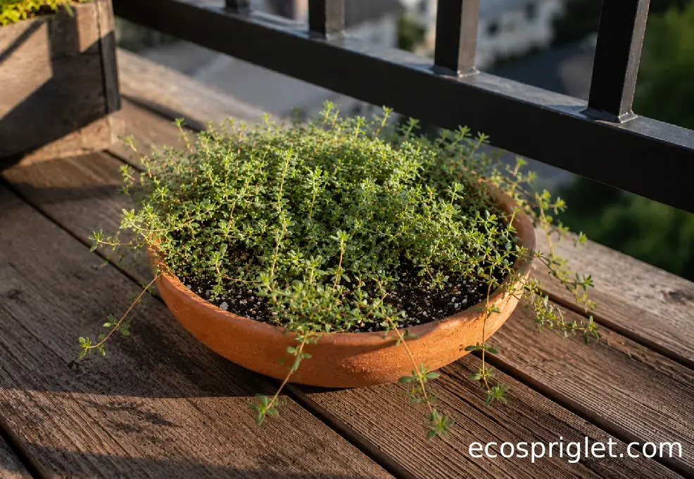 Creeping thyme in a shallow terracotta bowl at the edge of bright balcony shade.