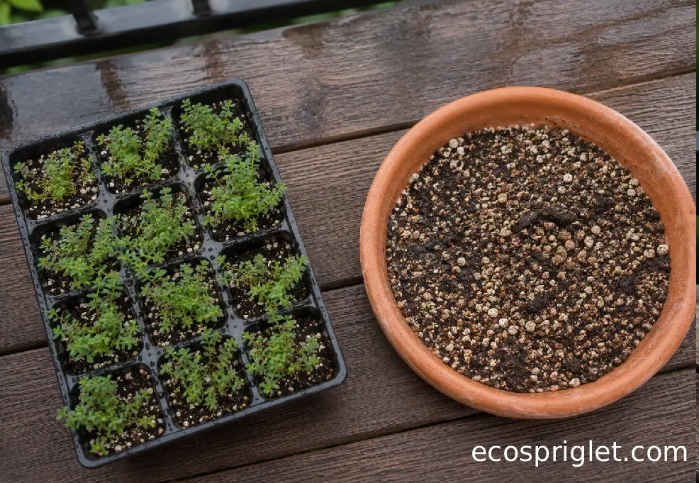 A small seed-starting tray of tiny creeping thyme seedlings beside a shallow terracotta bowl.