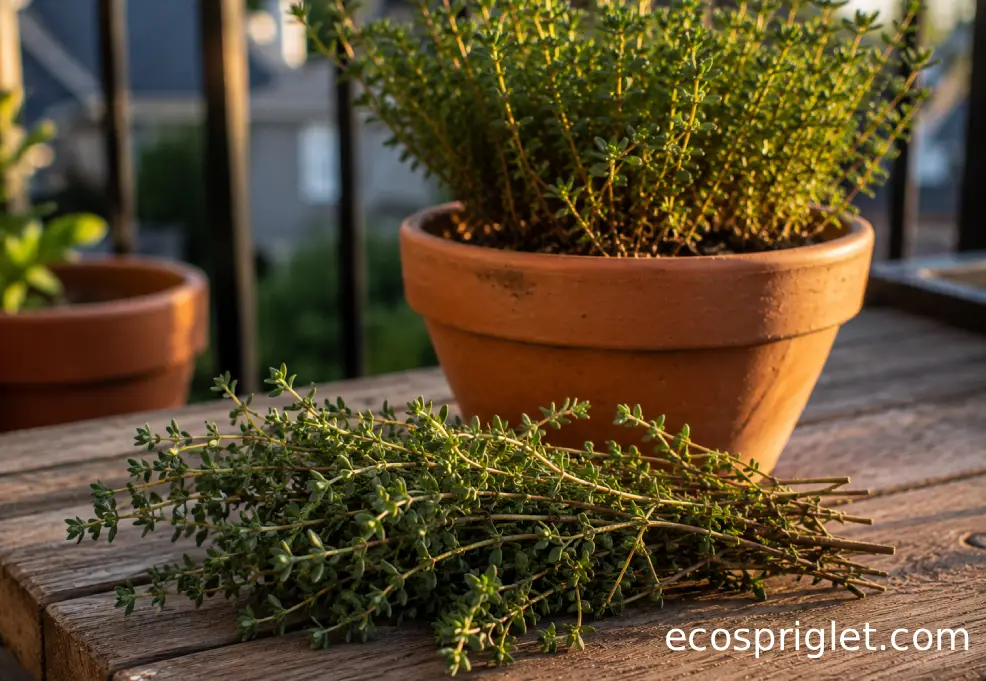 Fresh thyme sprigs clipped from a compact potted thyme plant on a wooden terrace table.