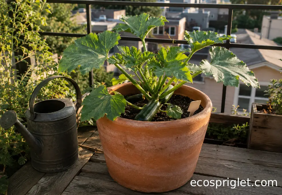 A compact zucchini plant growing in a terracotta pot on a sunny apartment terrace.
