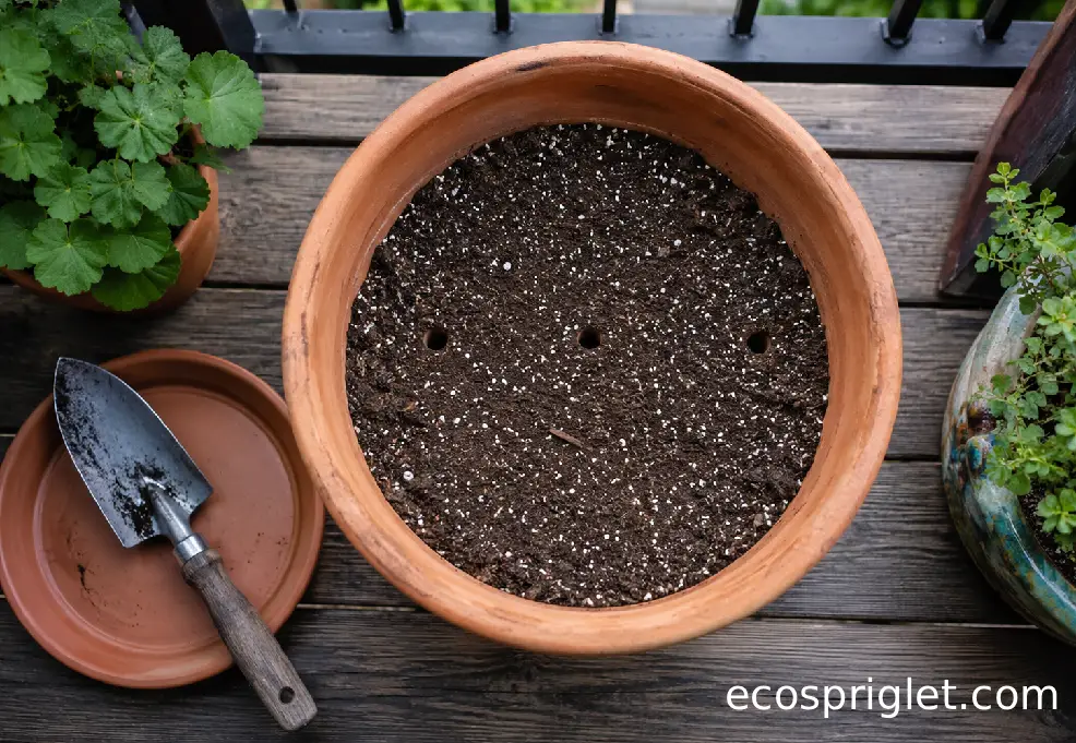 A large terracotta zucchini pot with drainage holes and fresh potting mix on a wooden balcony deck.