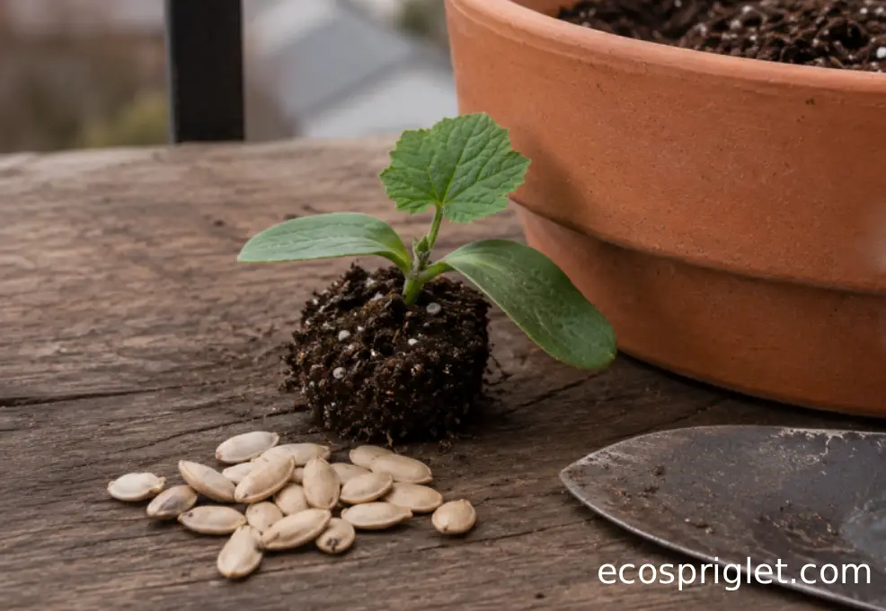 Zucchini seeds and a small seedling beside a warm pot of soil on a terrace.