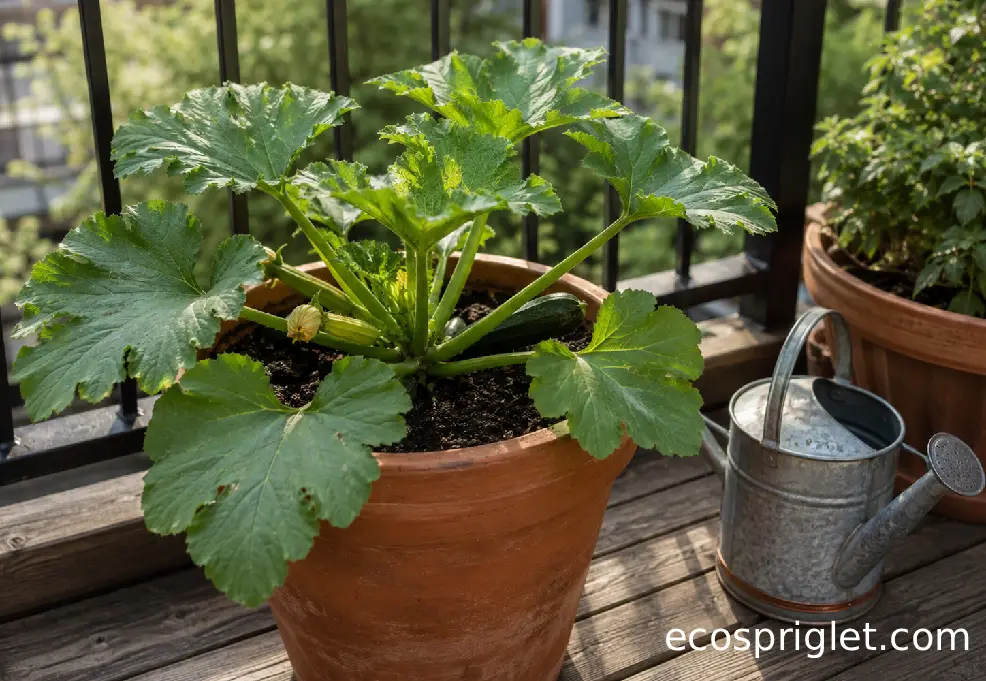 A watering can beside a healthy potted zucchini plant with moist soil on a balcony.