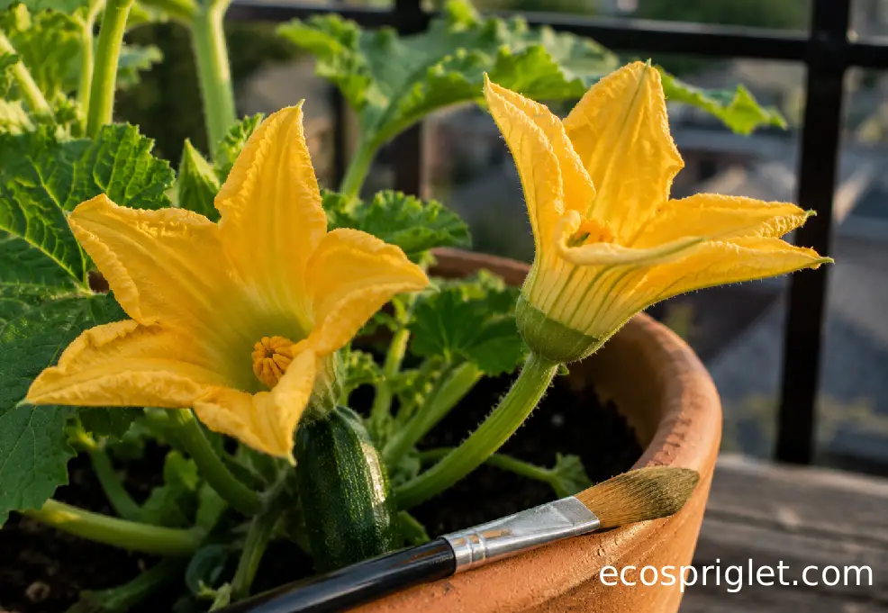 Male and female zucchini flowers open on a potted plant beside a small artist brush.
