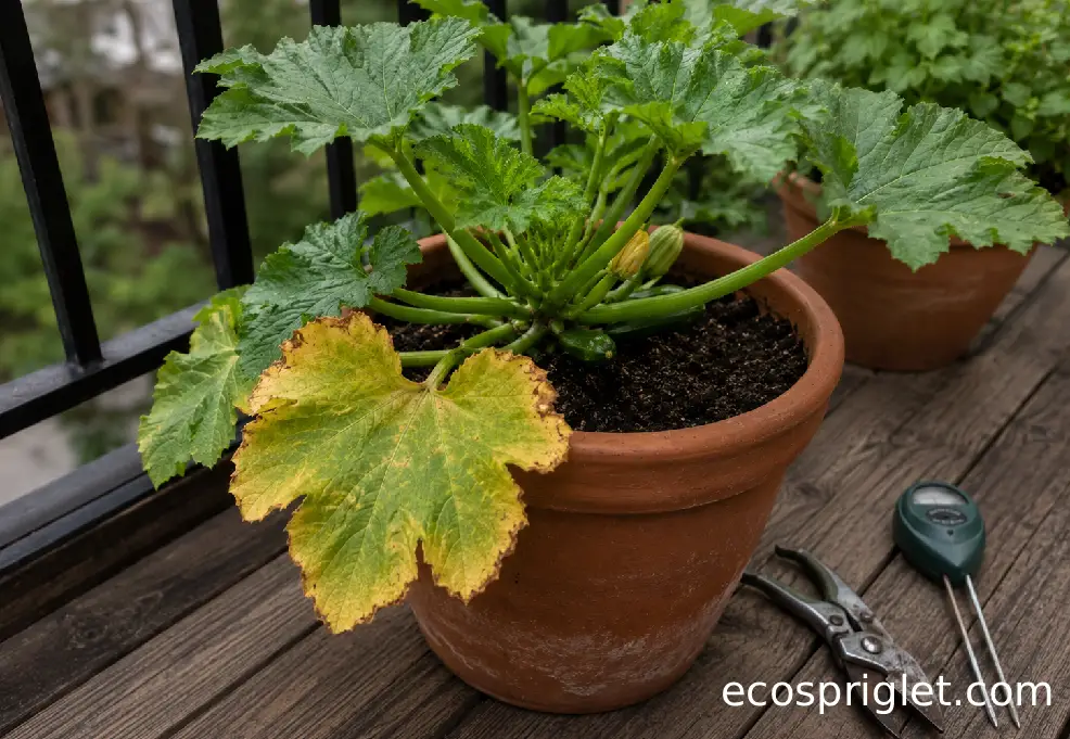 A potted zucchini plant with one yellowing lower leaf being checked on a windy balcony.