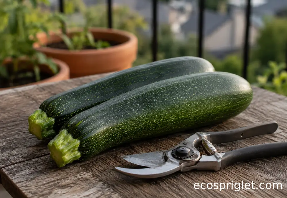 Two freshly harvested zucchini beside pruning shears on a small wooden terrace table.