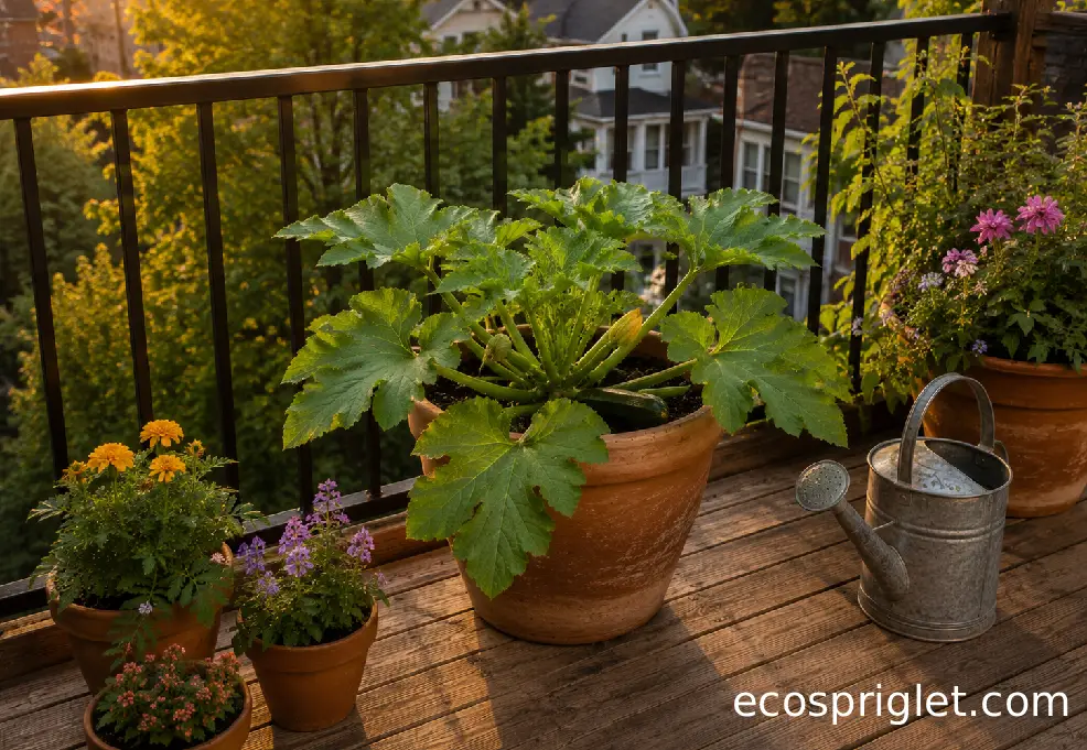 A large potted zucchini arranged with small flower pots on a cozy Portland balcony.
