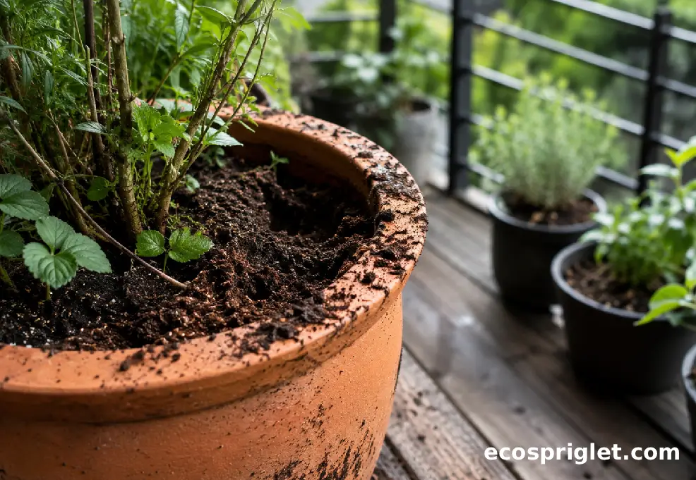 A terracotta flower pot with freshly disturbed soil on a small urban terrace.
