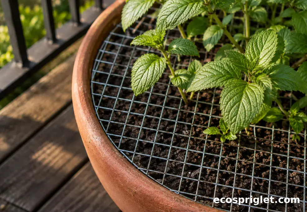 Wire mesh fitted over a terracotta planter to stop squirrels from digging in the soil.