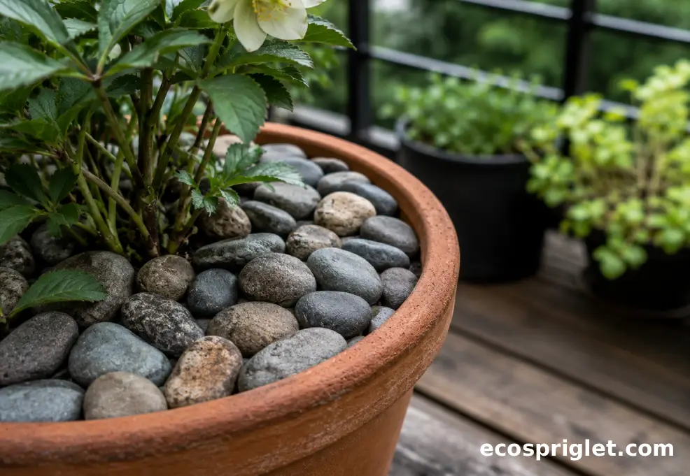Smooth river stones used as a top-dressing in a terracotta flower pot.