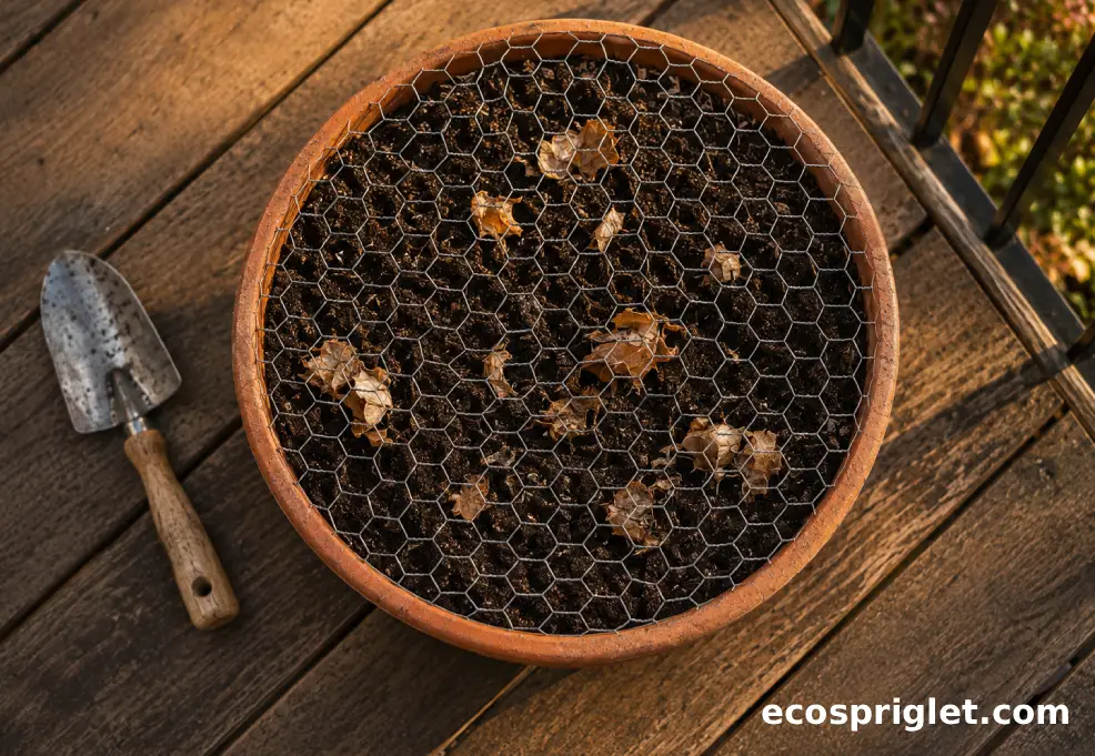 A bulb planter protected with chicken wire on a small balcony garden.