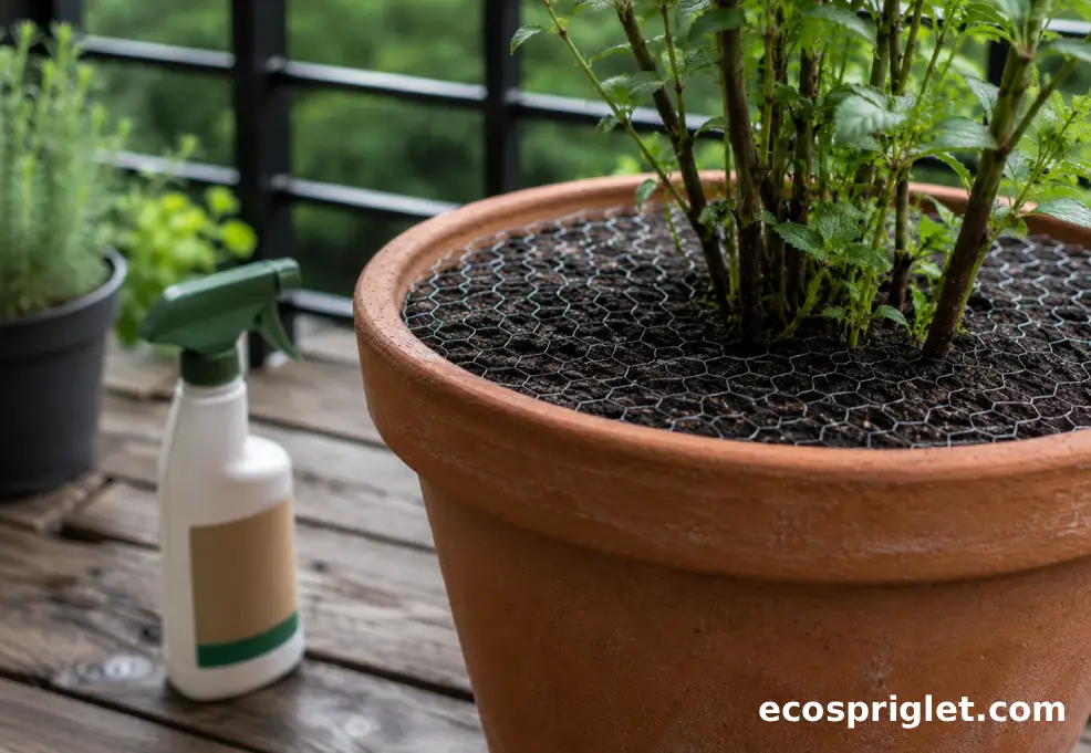 A squirrel-protected terracotta pot beside a garden repellent bottle on a balcony table.