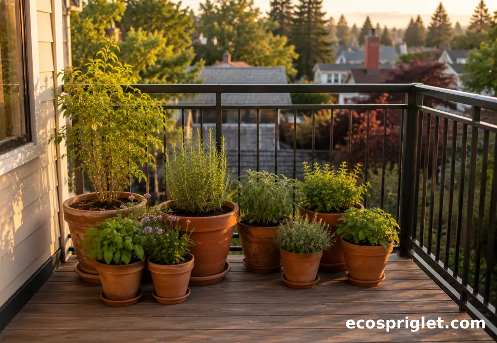 A tidy balcony garden with grouped terracotta pots and clean decking to reduce squirrel attraction.