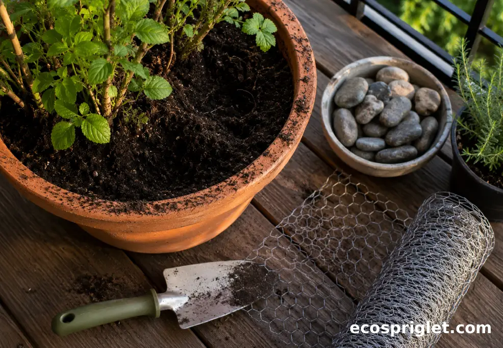 Wire mesh, stones, and a hand trowel ready to repair a squirrel-damaged flower pot.